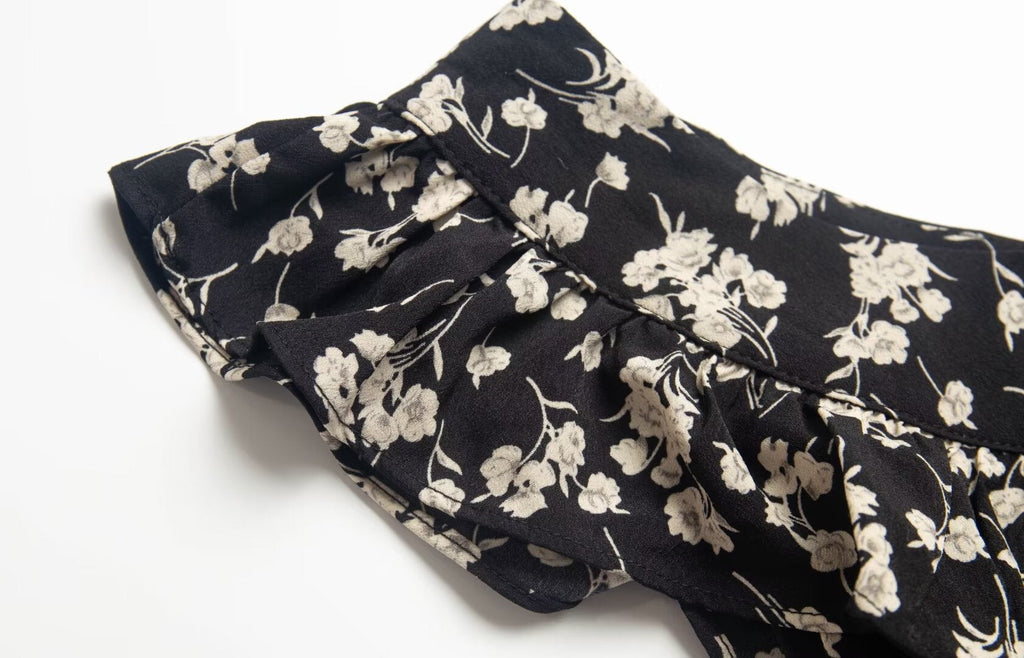 Floral Black Dress Women Spring Summer Mid Length Ruffled Dress