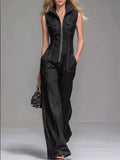 Sleeveless Zip-Front Wide-Leg Denim Jumpsuit