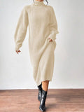 Turtleneck Ribbed Knit Midi Sweater Dress