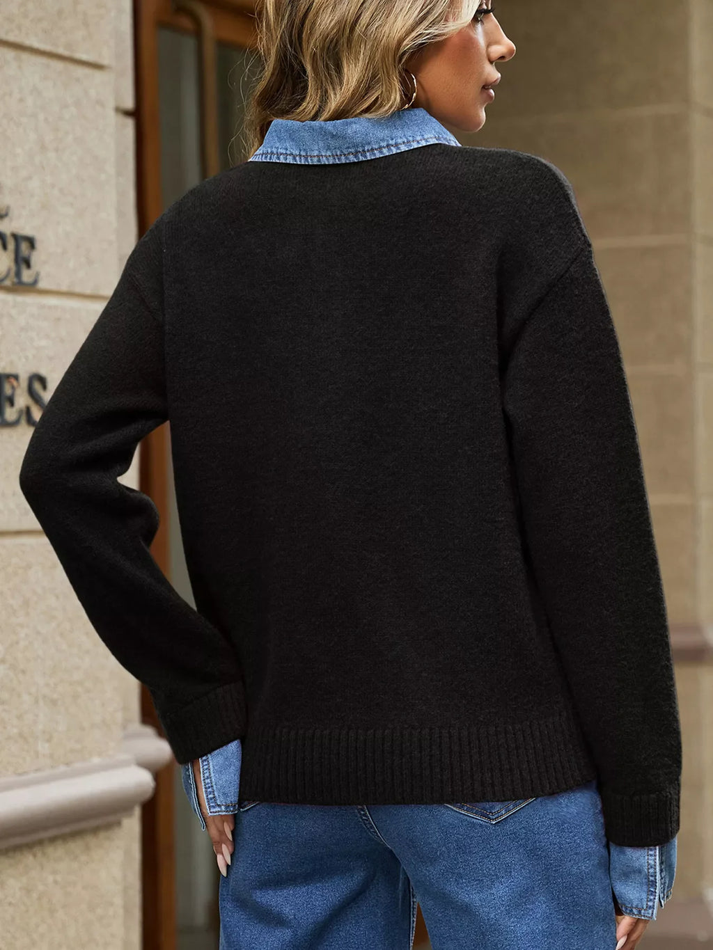 Denim Patchwork Collar Cuffed Casual Sweater