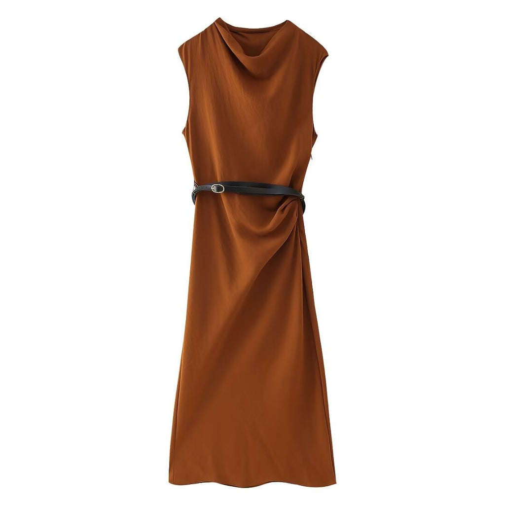 Fall Women Clothing Simple Thin with Belt Midi Dress