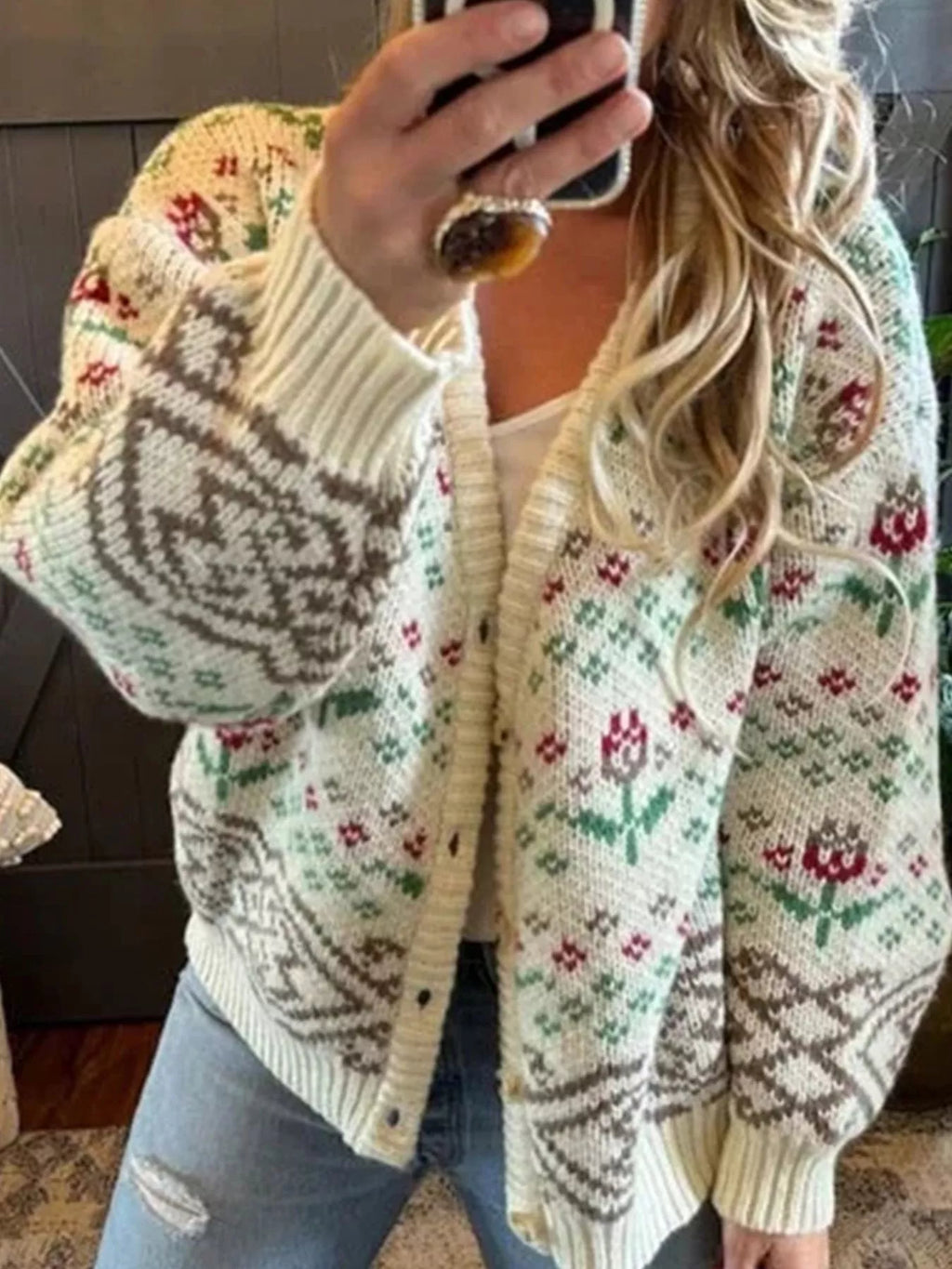 Floral Pattern Button-Up Cardigan
