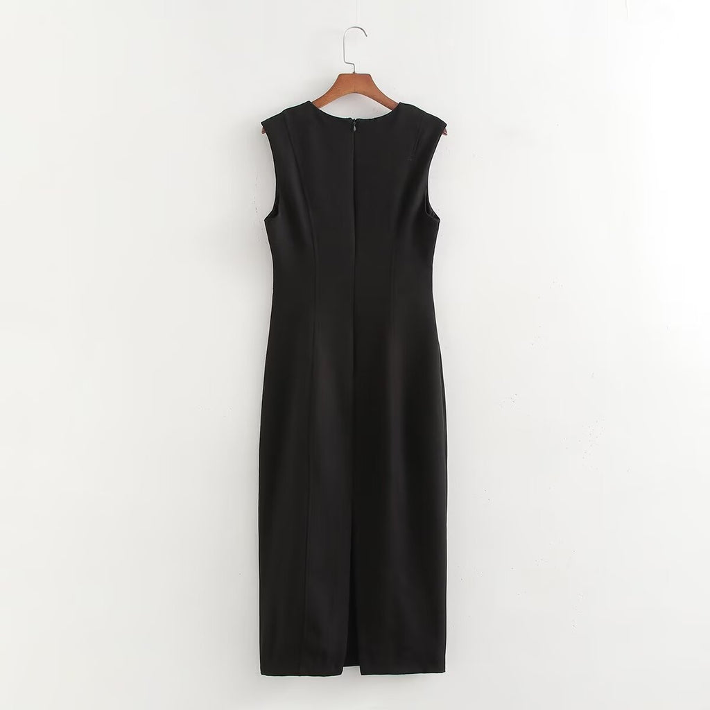 Autumn Winter Pleated Decorative Sleeveless Round Neck Midi Dress Women Intellectual Black Waist Tight Professional Dress