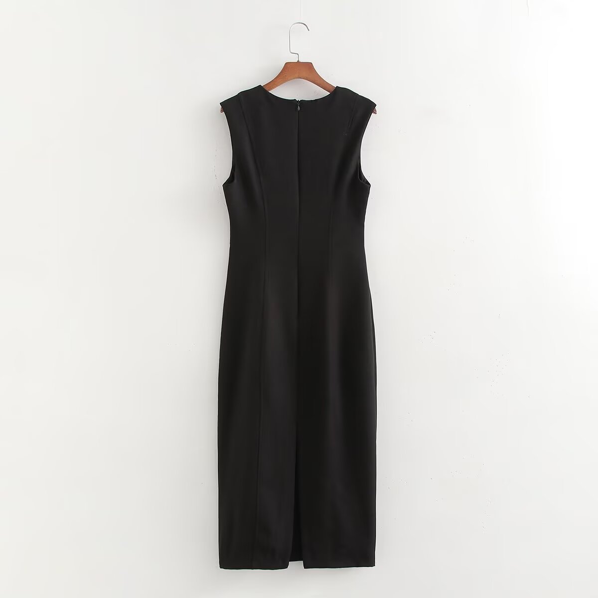 Autumn Winter Pleated Decorative Sleeveless Round Neck Midi Dress Women Intellectual Black Waist Tight Professional Dress