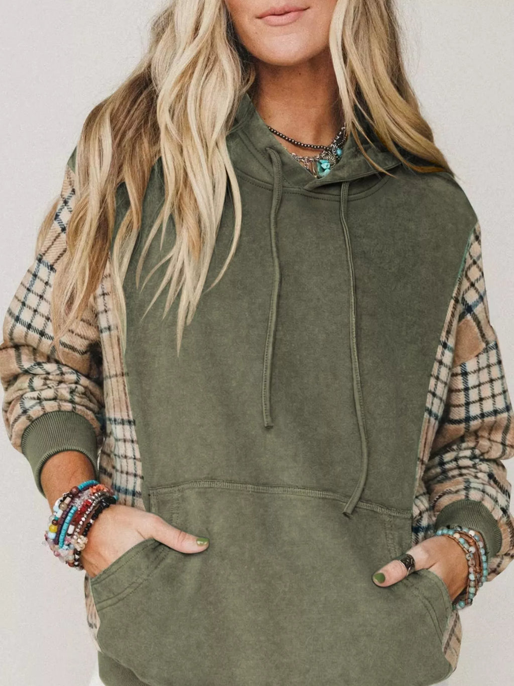 Plaid Sleeve Drawstring Pocket Hoodie