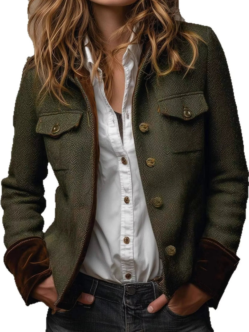 Full Size Vintage Herringbone Tweed Blazer with Velvet Cuffs Plus Size