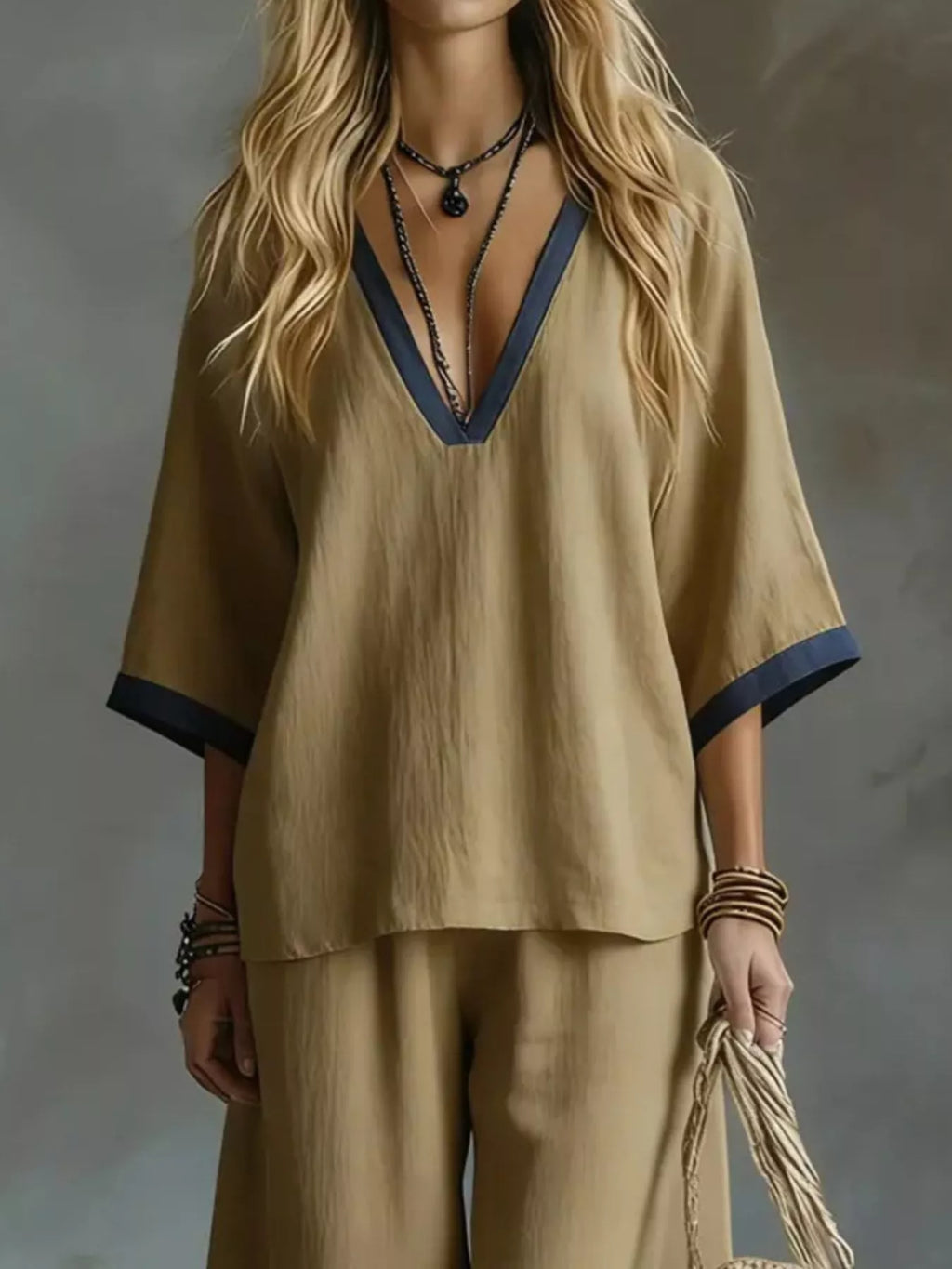 Full Size Contrast Trim V-Neck Top and Pants Set Plus Size
