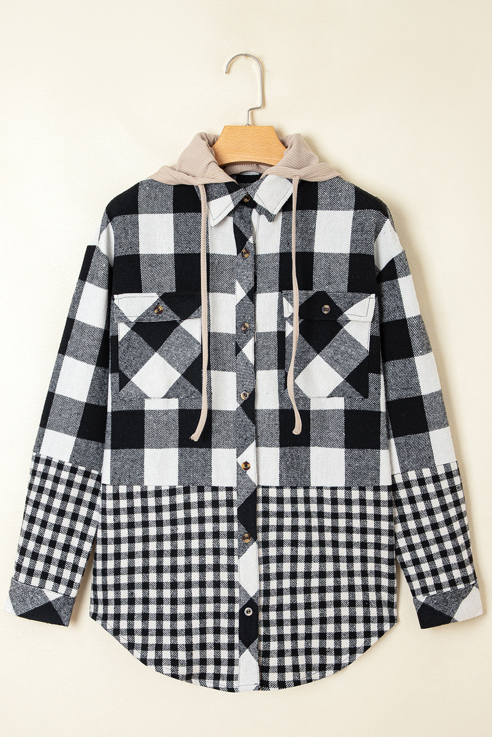 Plaid Patchwork Drawstring Hooded Shacket