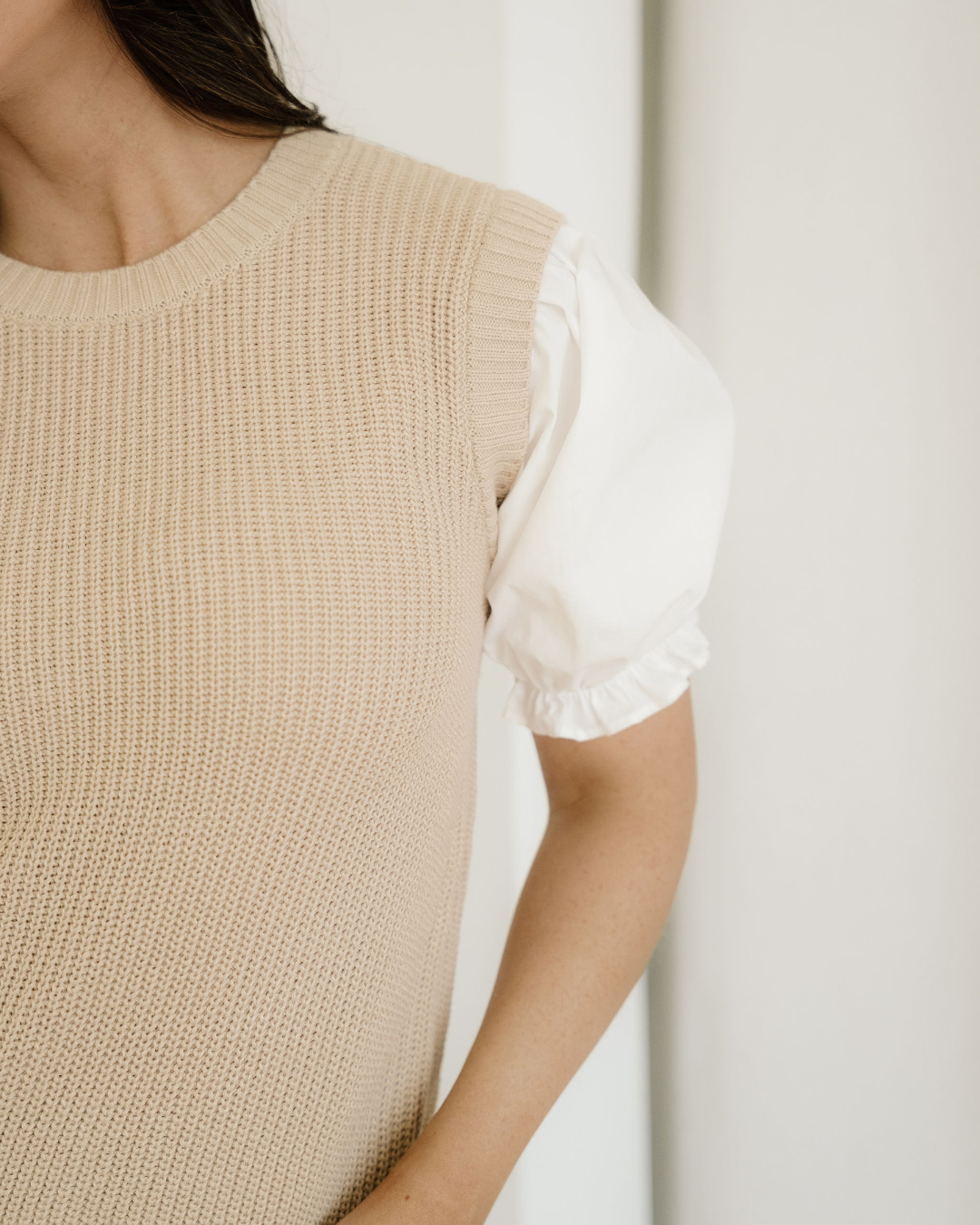 Seraphina Round Neck Knit Contrast Short Sleeve Patchwork Sweater Top