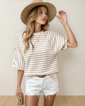 Noelle Textured Knit Split Hem Half Sleeve Loose Top - Apricot