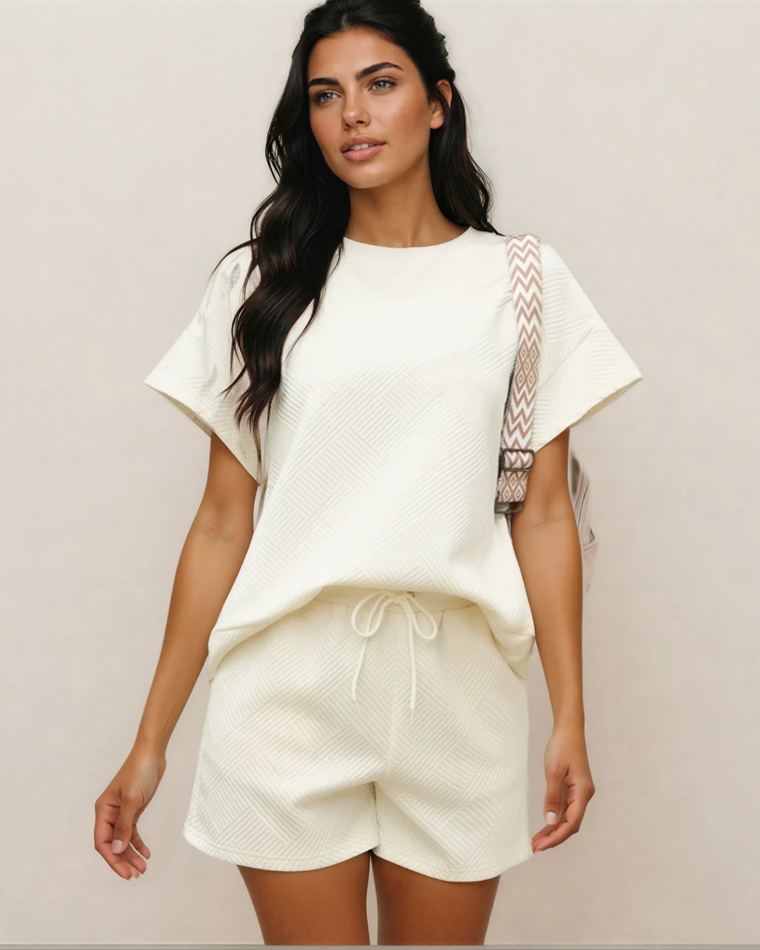 Astrid Textured Short Sleeve Top and Shorts Set - Cream