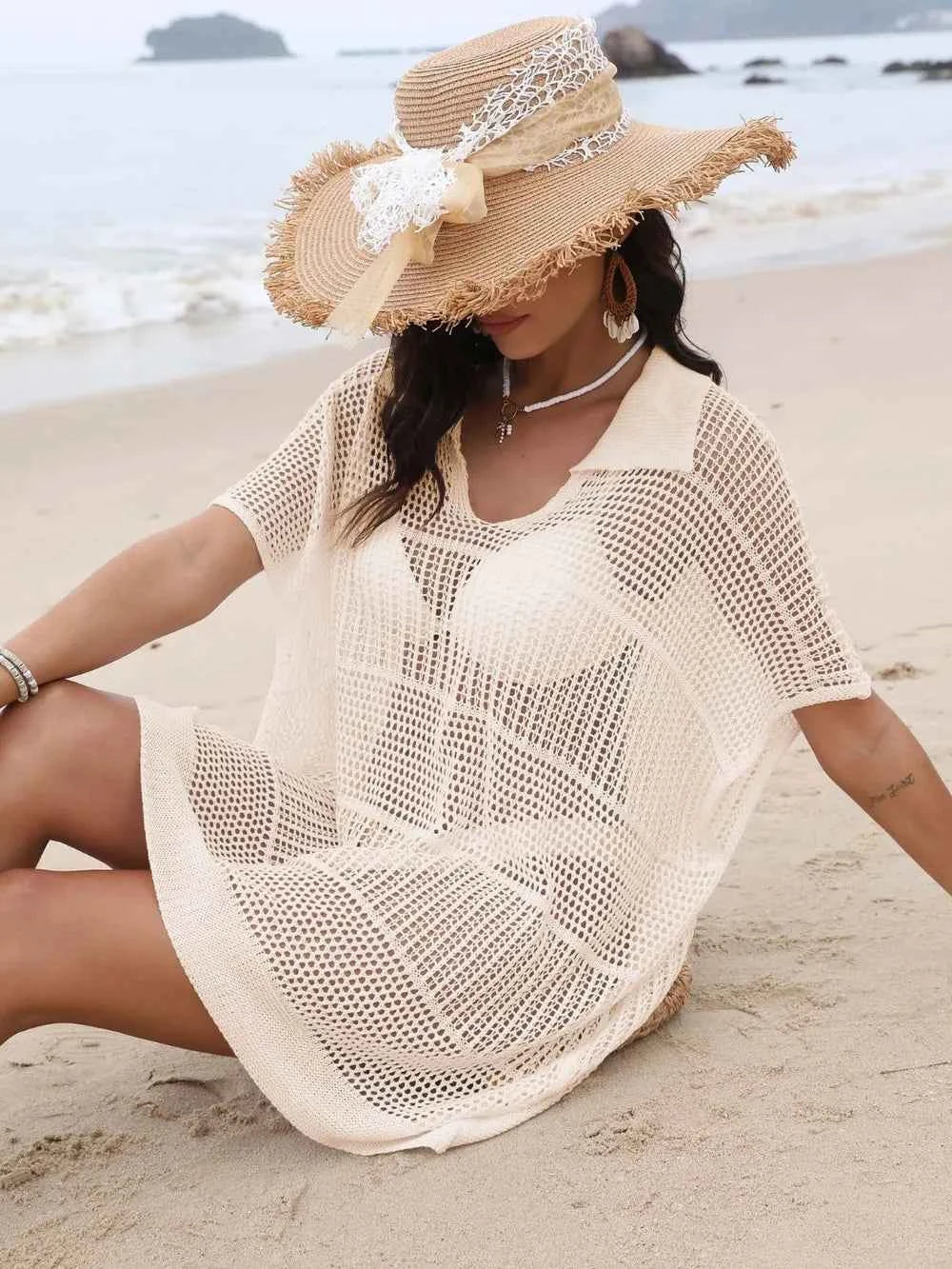 Hollow Out Collared Neck Openwork Sheer Cover-Up