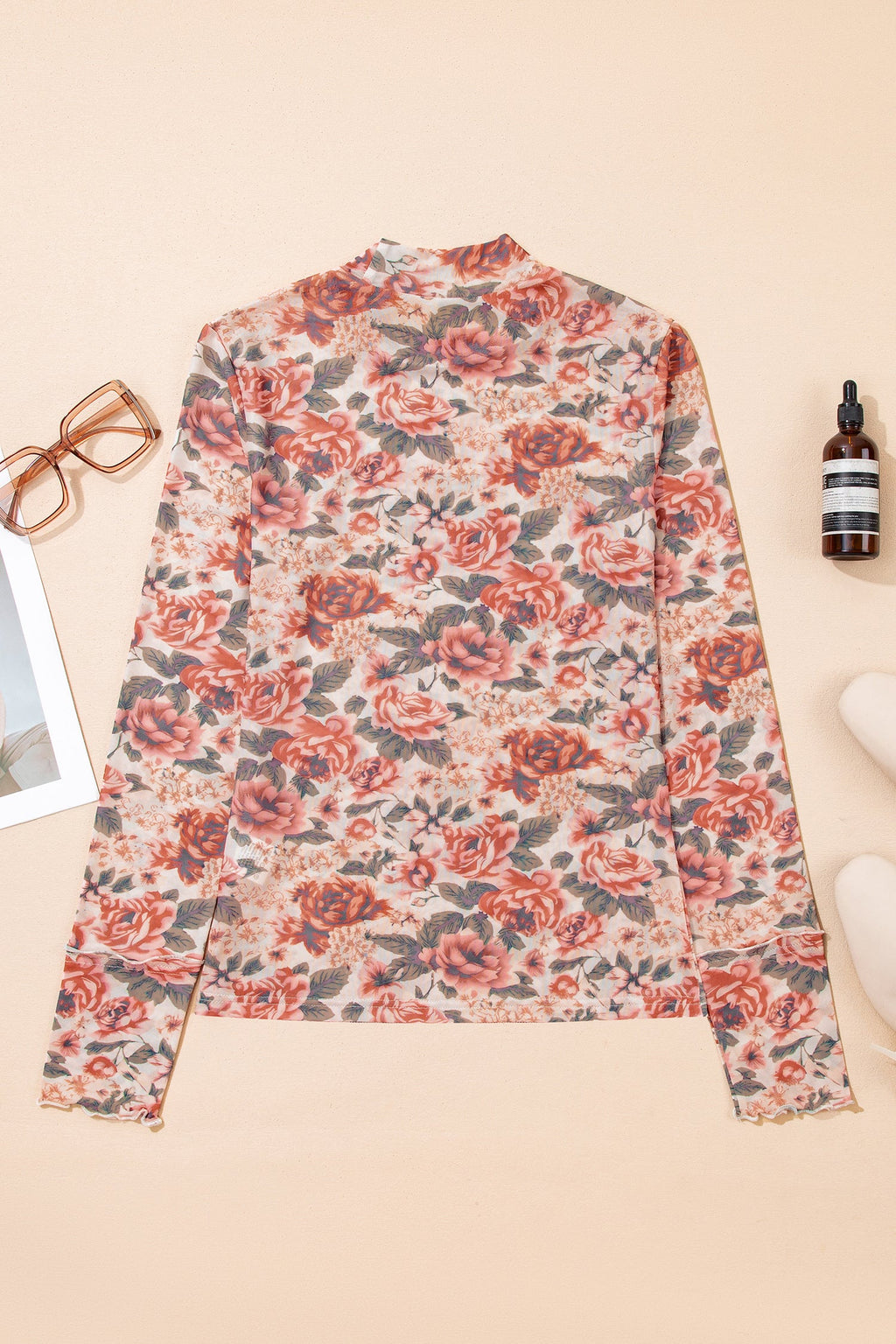 Floral Mesh Mock Neck Long Sleeve Top