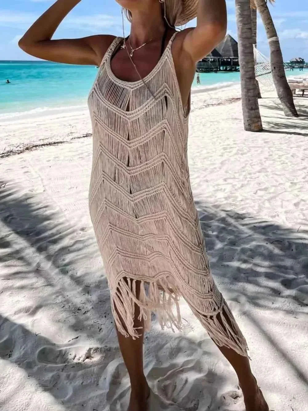 Fringe Scoop Neck Sheer Beach Cover-Up with Macrame Trim