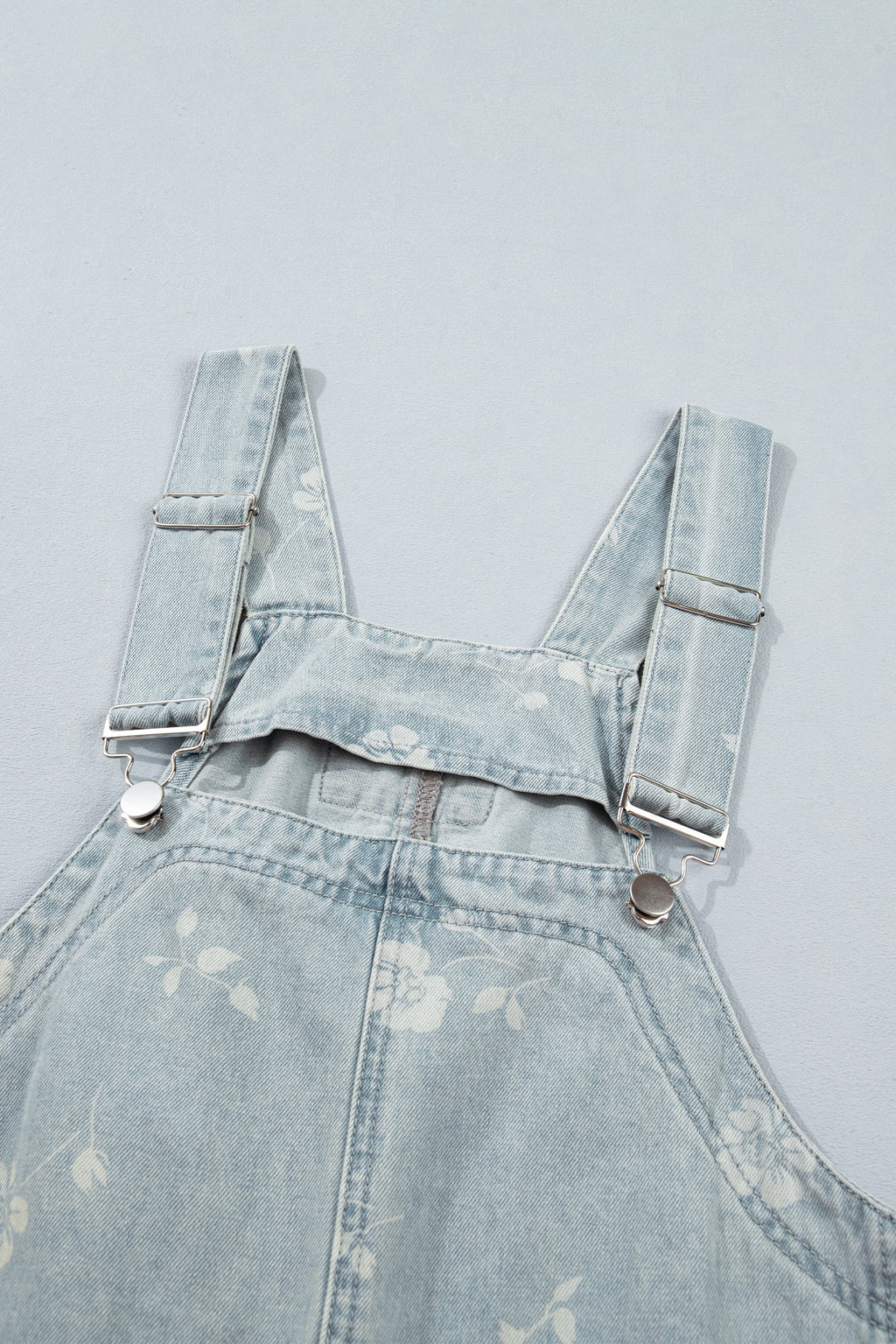 Sky Blue Retro Wash Denim Floral Print Overall Mini Dress