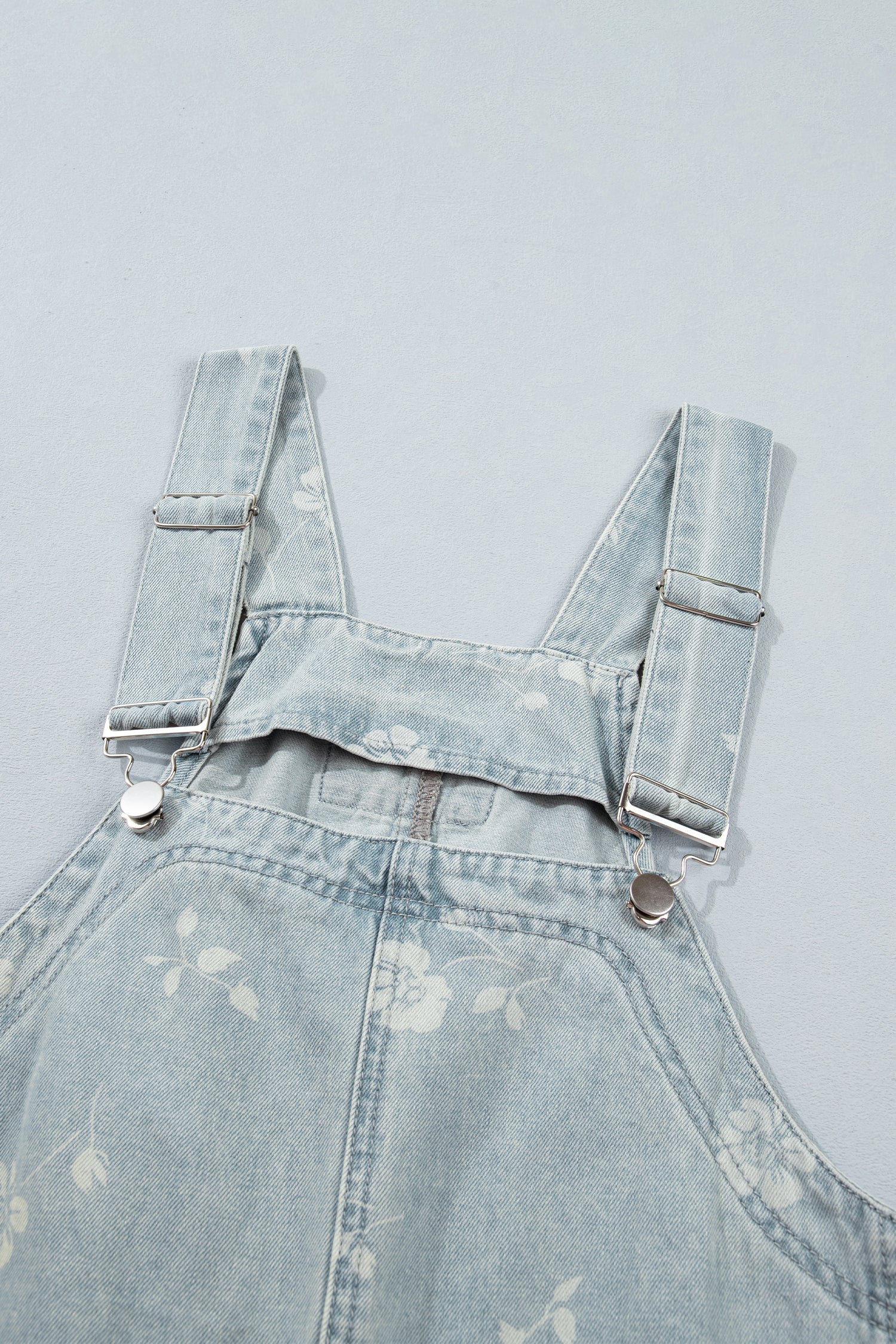 Sky Blue Retro Wash Denim Floral Print Overall Mini Dress