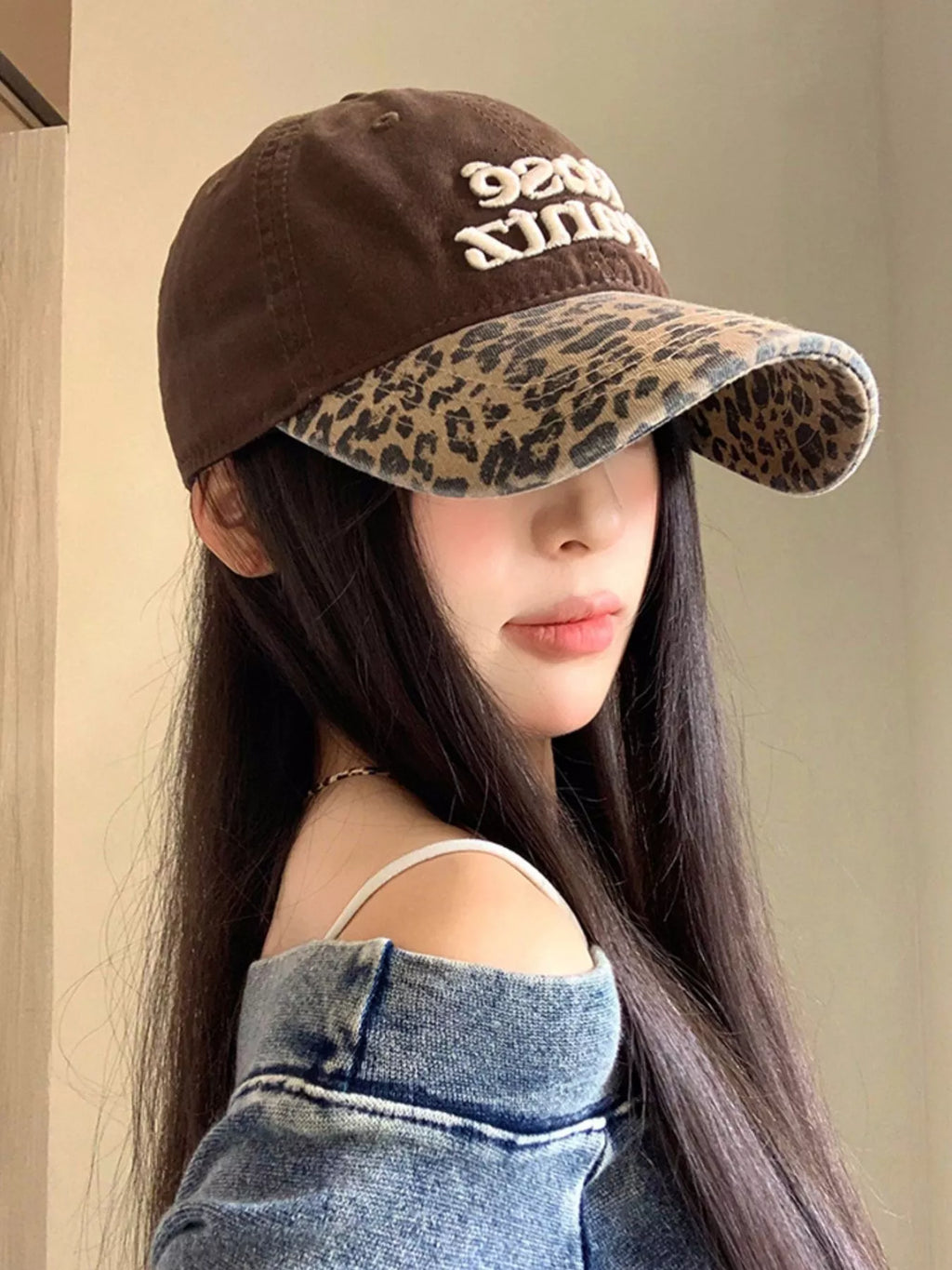 Leopard Print Baseball Cap with Embroidered Letter