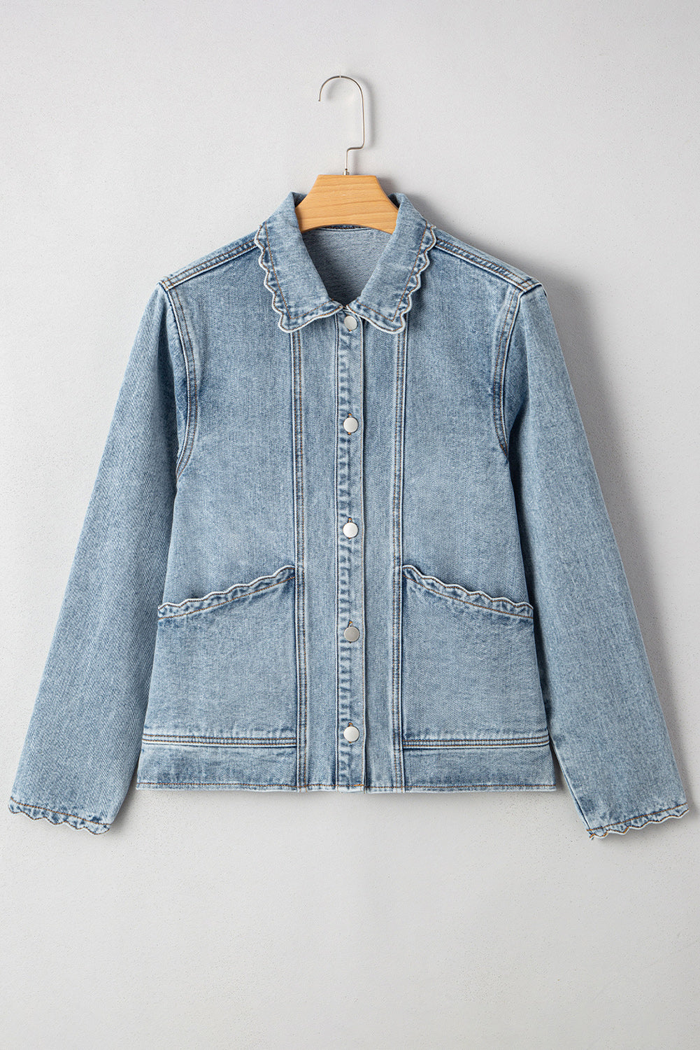 Solid Denim Scallop Collar Patch Pocket Buttoned Jacket
