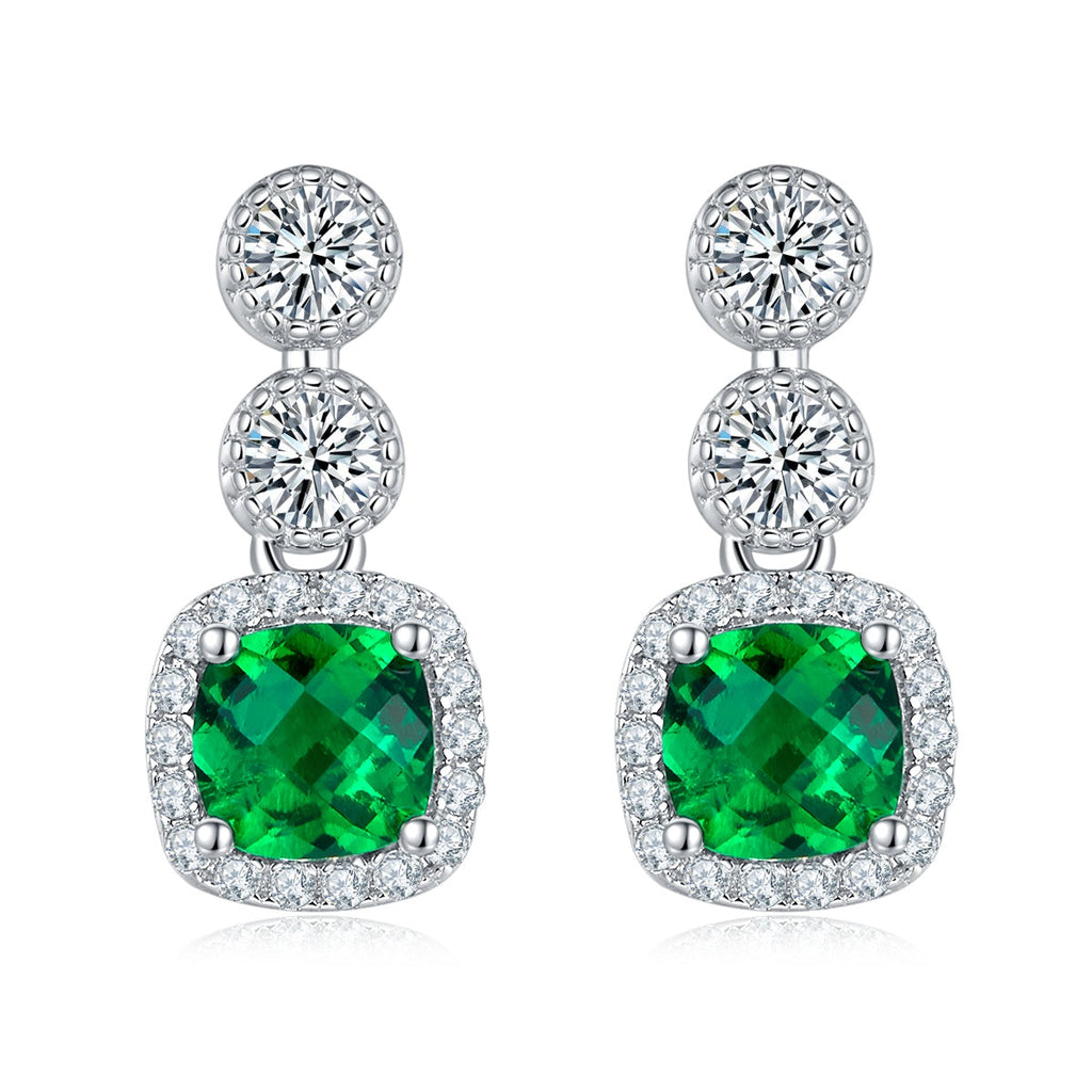 S925 Silver 2.2g Platinum Plated 0.98ct Lab-Created Emerald Drop Earrings, 5mm Halo Studs, Pair