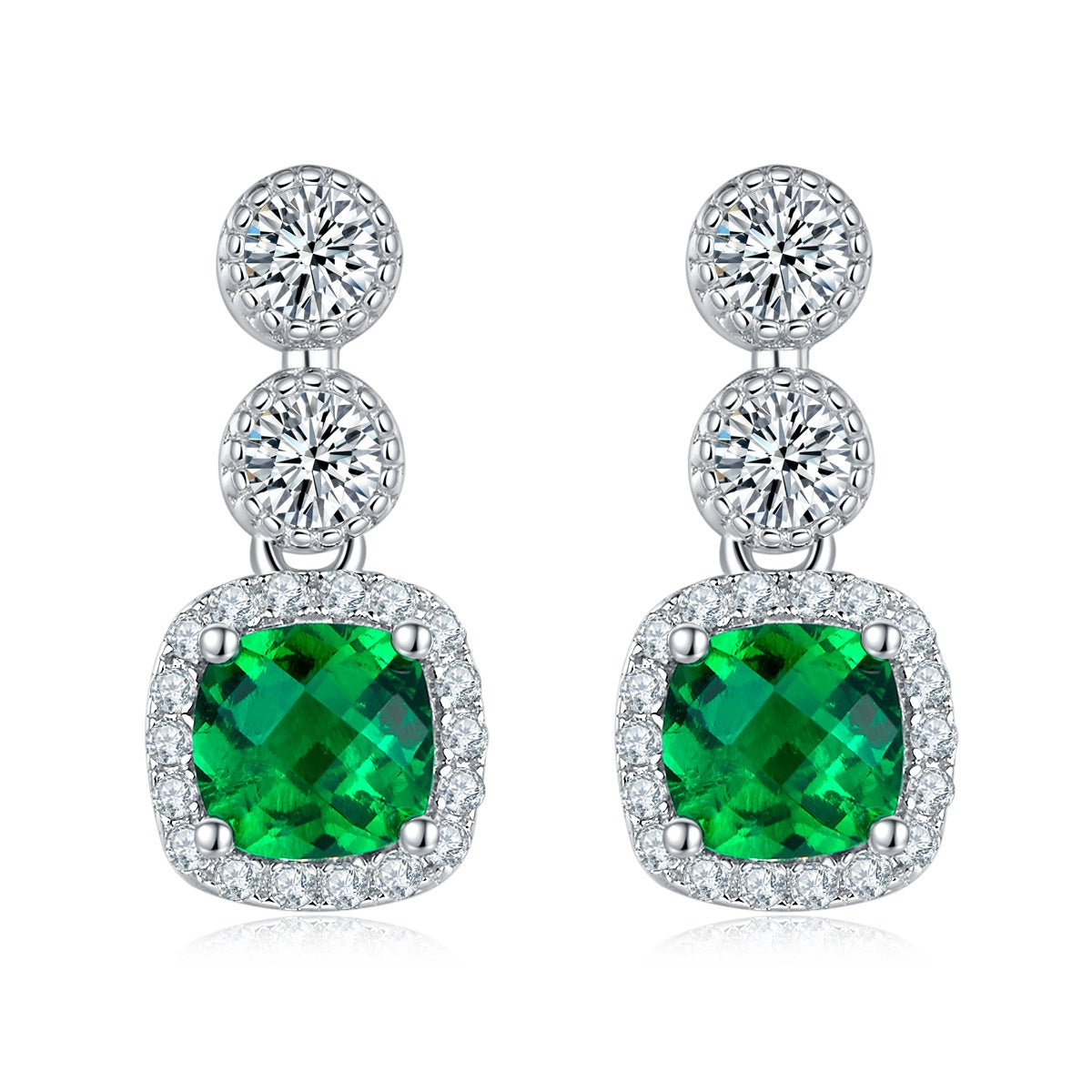 S925 Silver 2.2g Platinum Plated 0.98ct Lab-Created Emerald Drop Earrings, 5mm Halo Studs, Pair