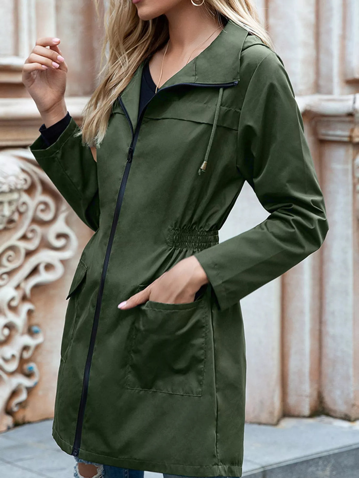Zip Up Drawstring Waist Hooded Jacket