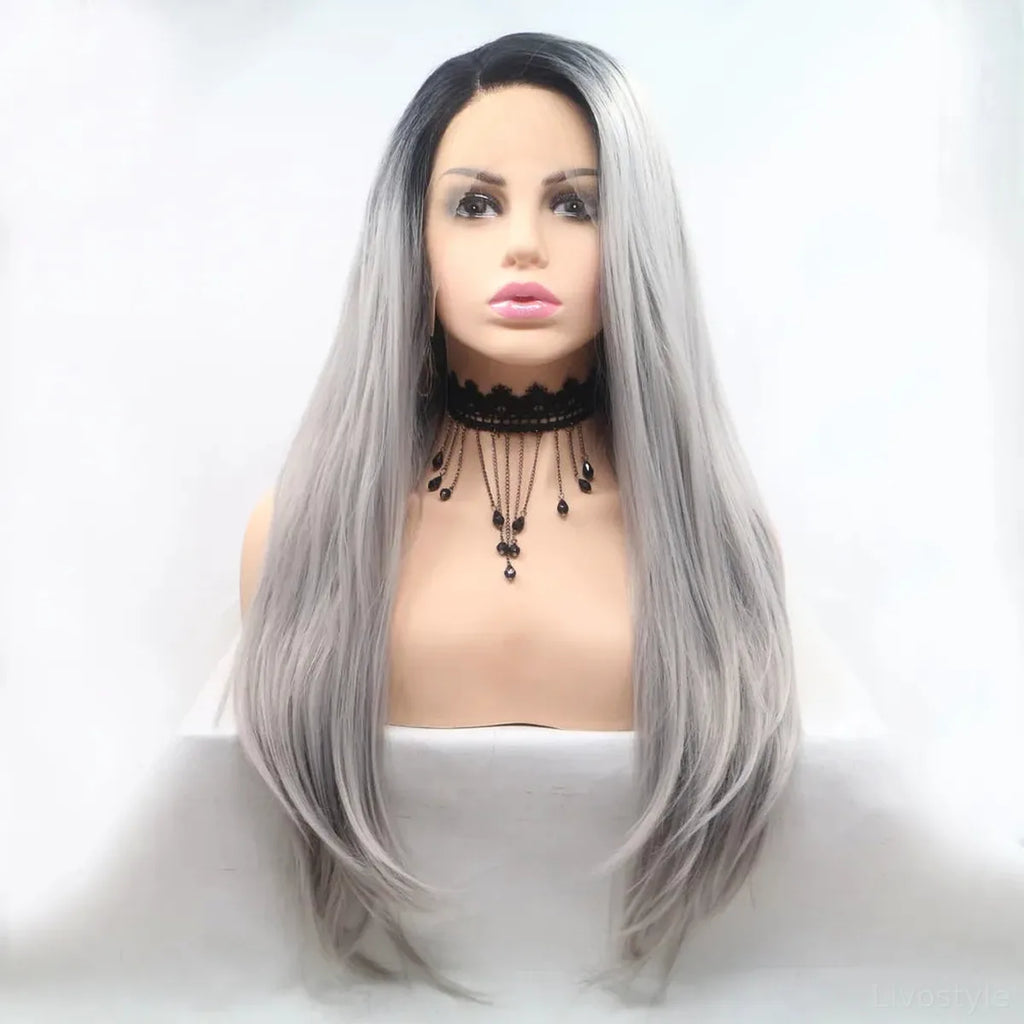 24-Inch Lace Front Synthetic Wig, Long Straight Silver Ombre