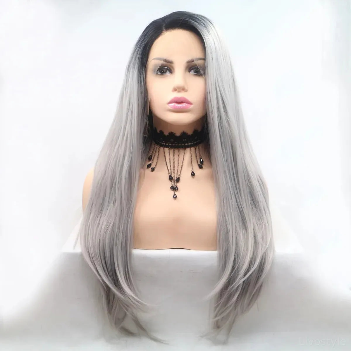 24-Inch Lace Front Synthetic Wig, Long Straight Silver Ombre