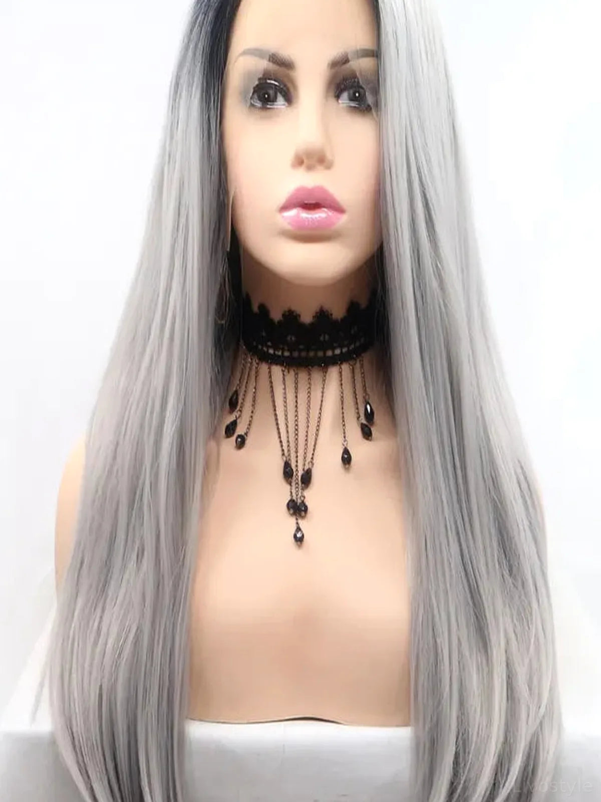 24-Inch Lace Front Synthetic Wig, Long Straight Silver Ombre