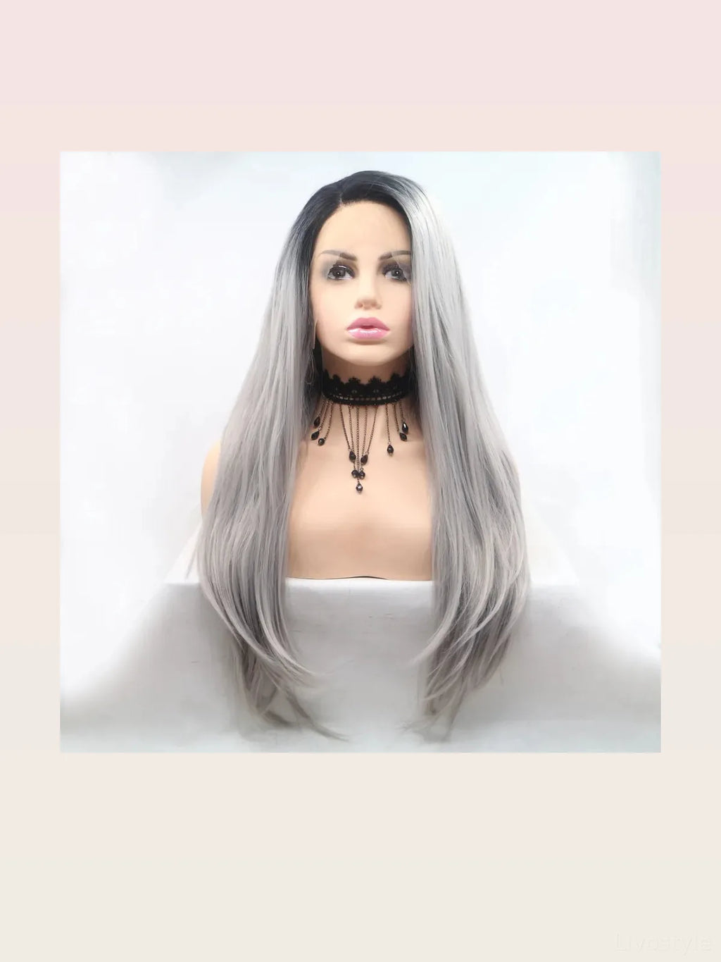 24-Inch Lace Front Synthetic Wig, Long Straight Silver Ombre