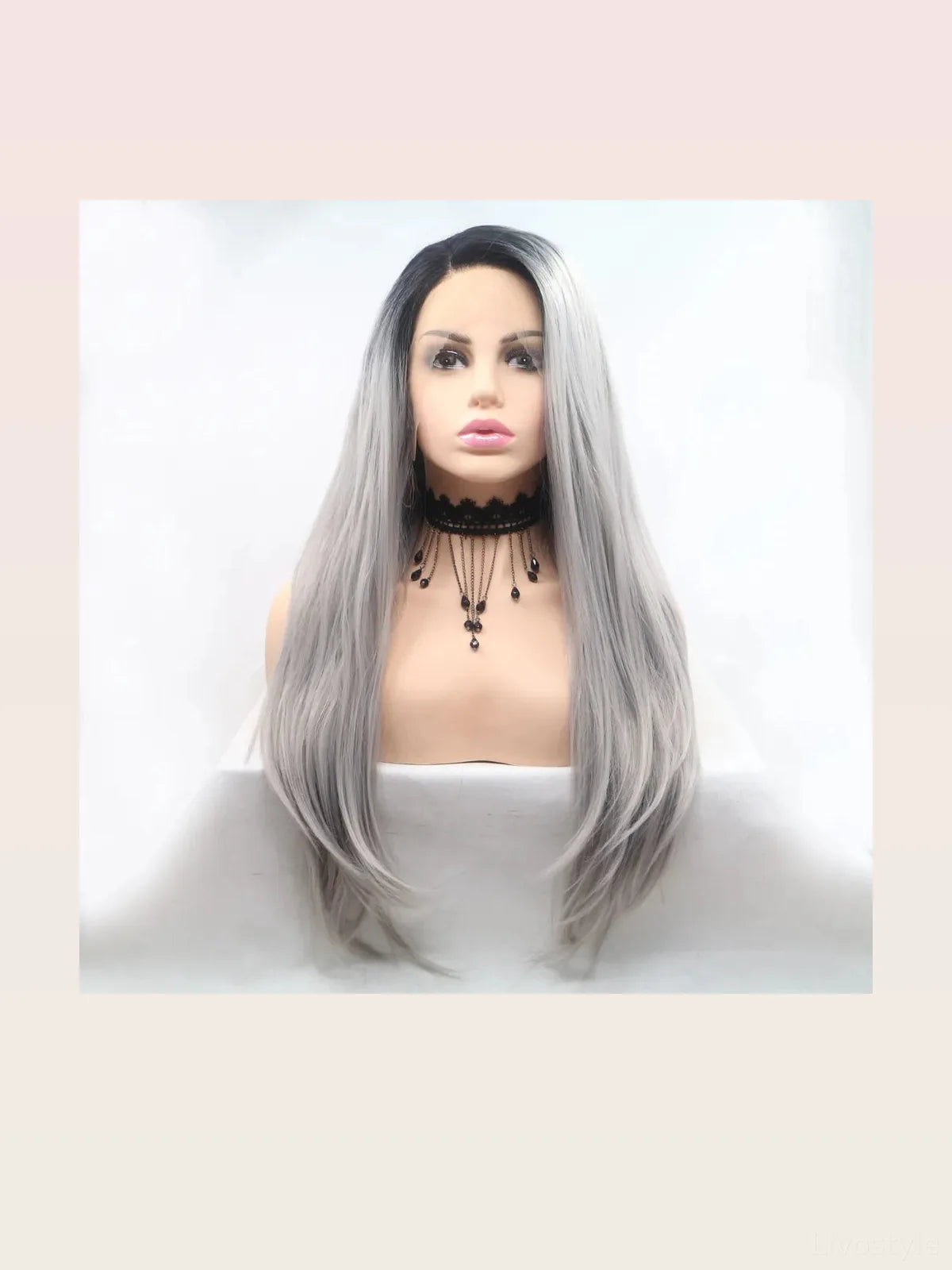 24-Inch Lace Front Synthetic Wig, Long Straight Silver Ombre