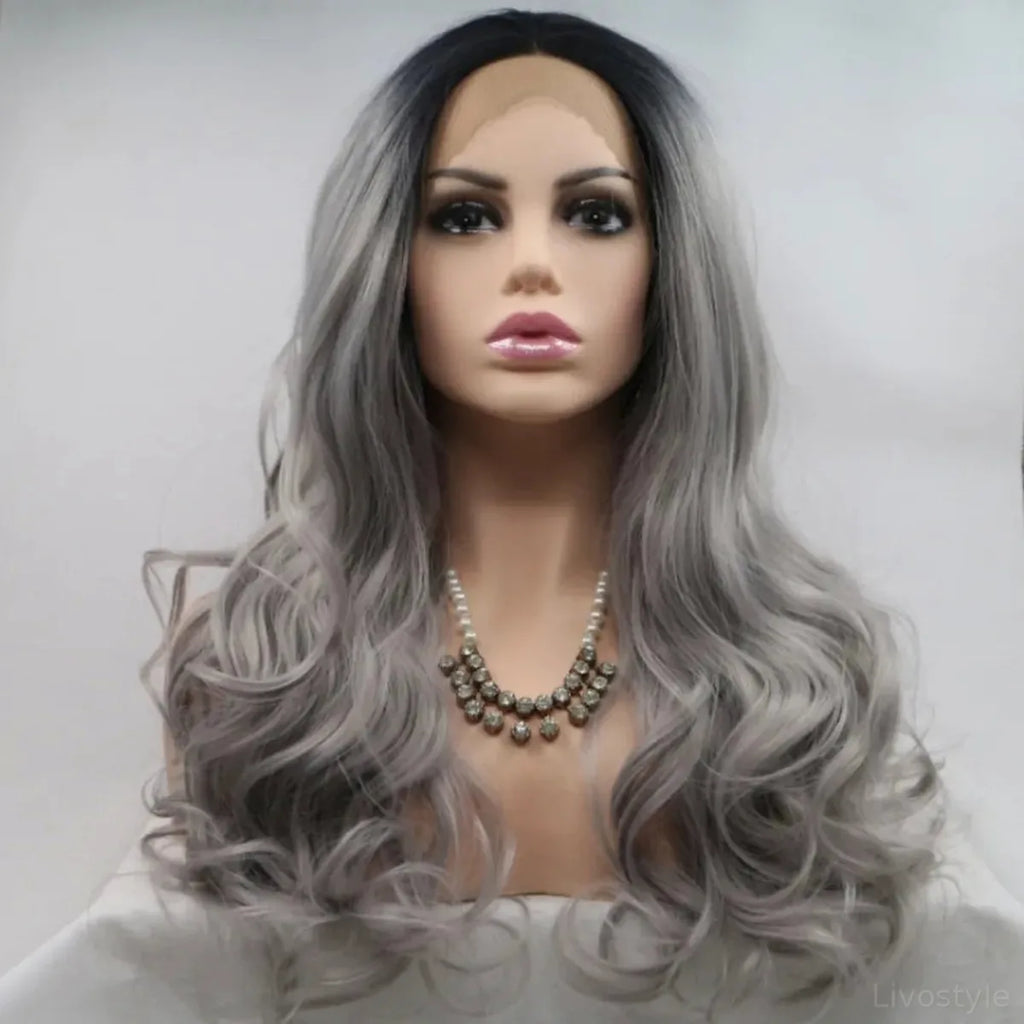 24-Inch Lace Front Synthetic Wig, Long Wavy Grey Ombre
