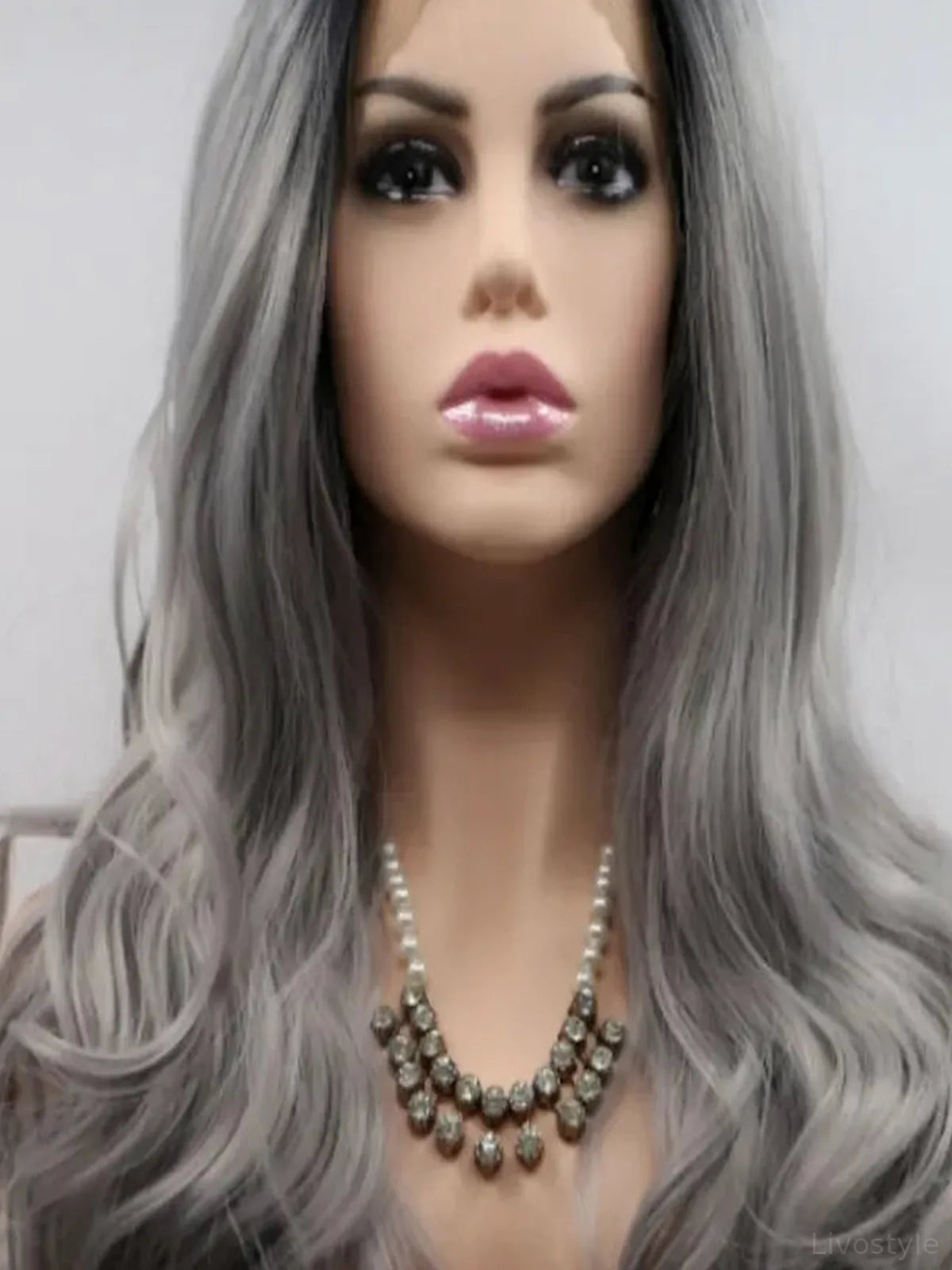 24-Inch Lace Front Synthetic Wig, Long Wavy Grey Ombre