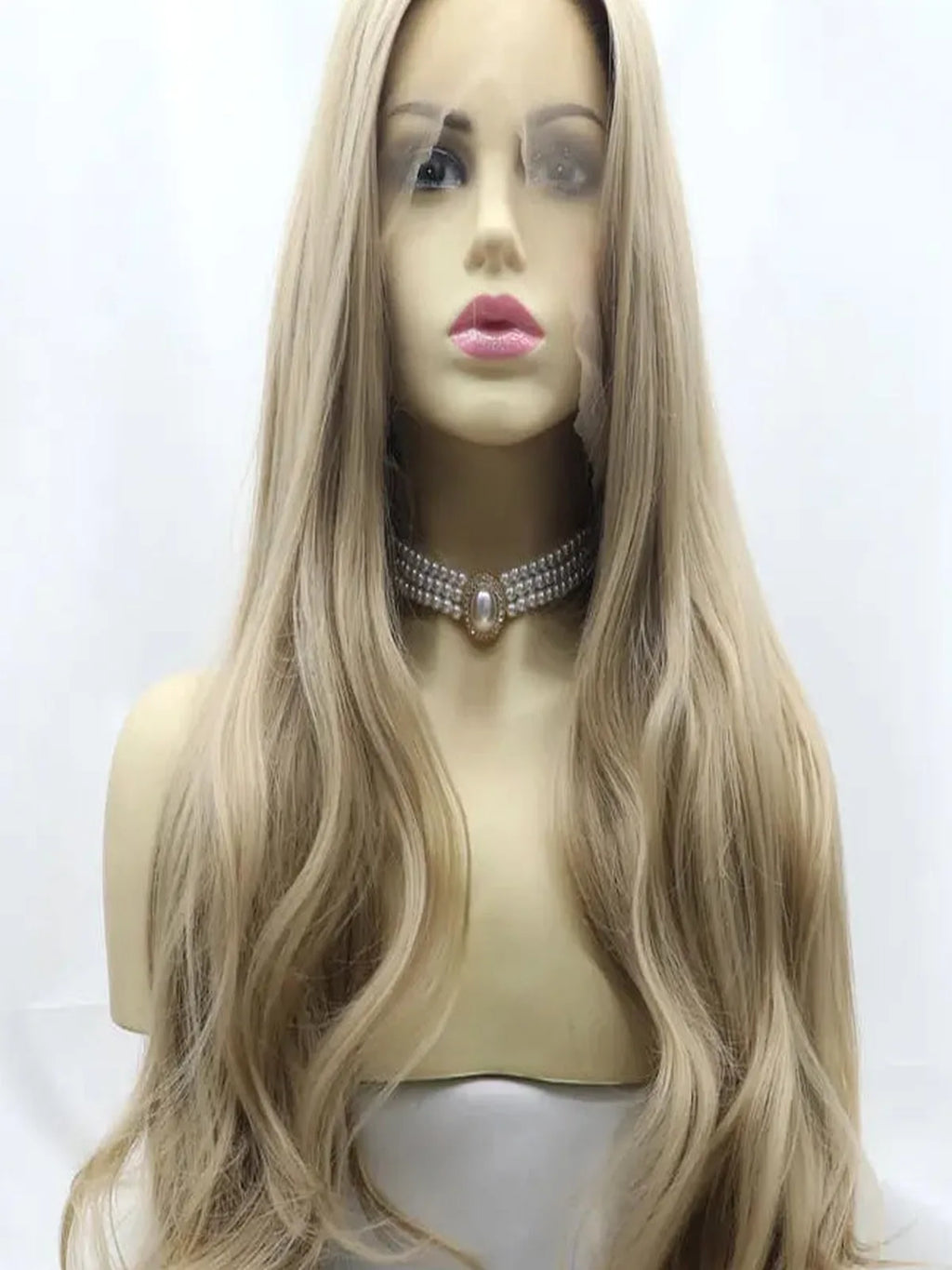 24-Inch Lace Front Synthetic Wig, Long Wavy Ash Blonde