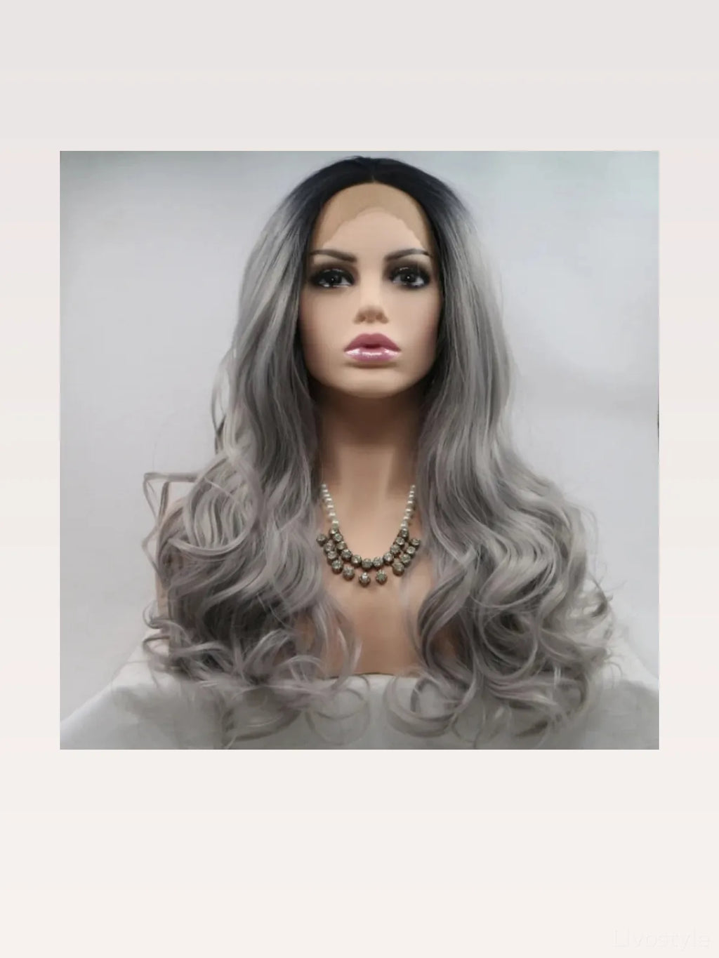 24-Inch Lace Front Synthetic Wig, Long Wavy Grey Ombre