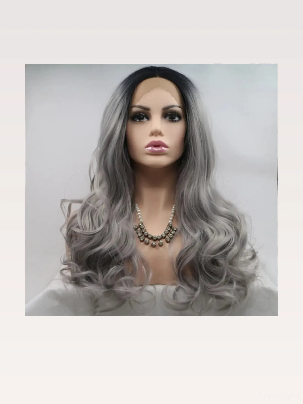 24-Inch Lace Front Synthetic Wig, Long Wavy Grey Ombre