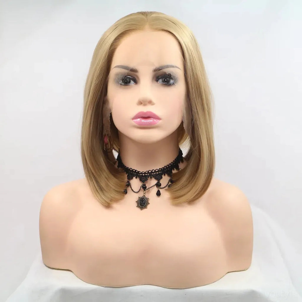 12-Inch Lace Front Synthetic Wig, Mid-Length Straight Blonde