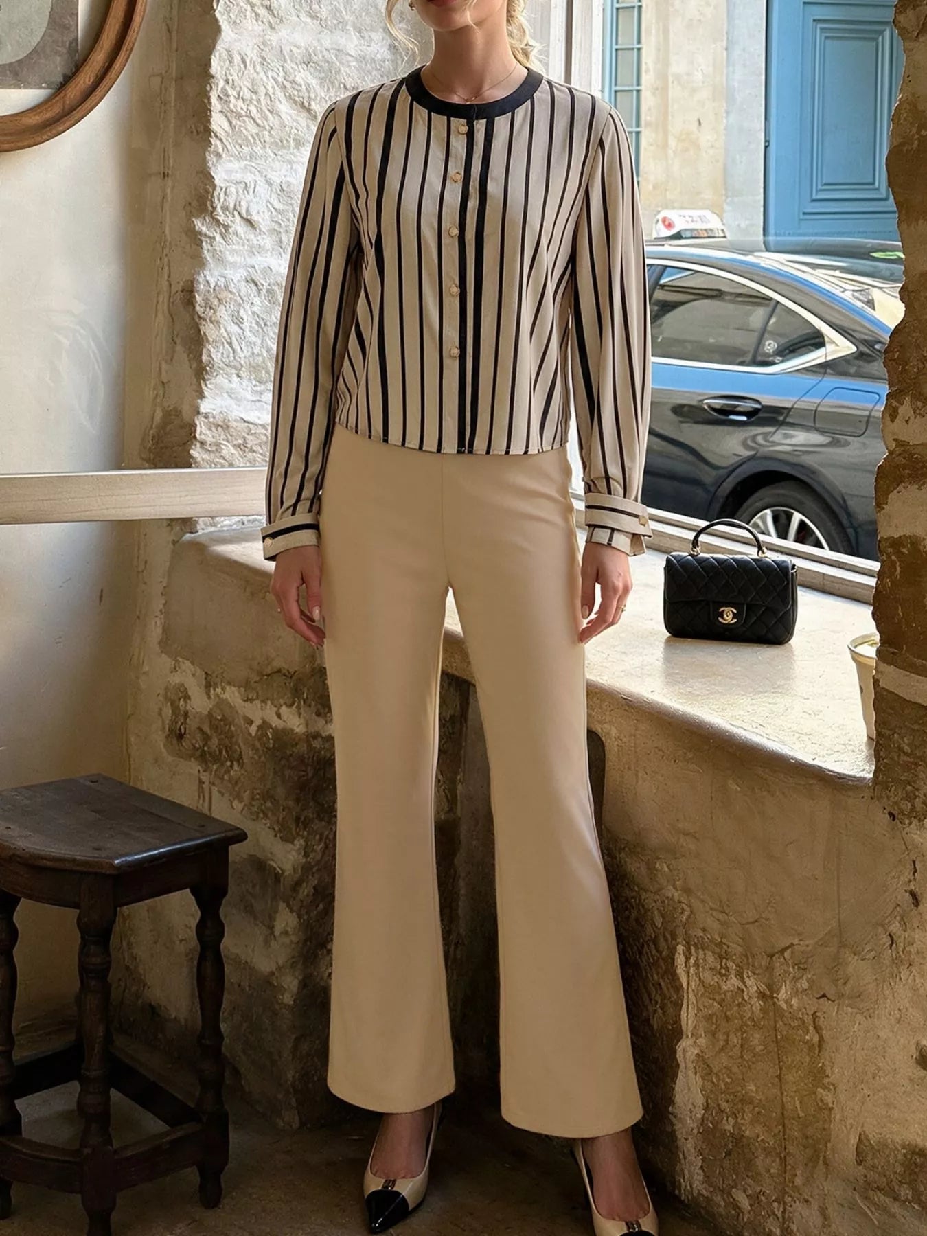 Striped Button-Down Shirt and High-Waisted Flare Pants Set