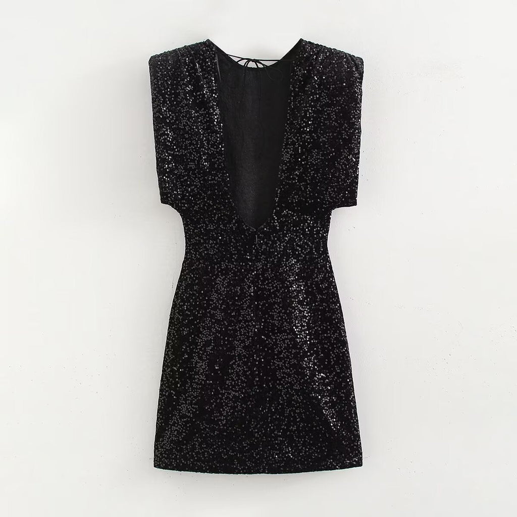 Women Clothing round Neck Solid Color Sequ Decorative Velvet Dress