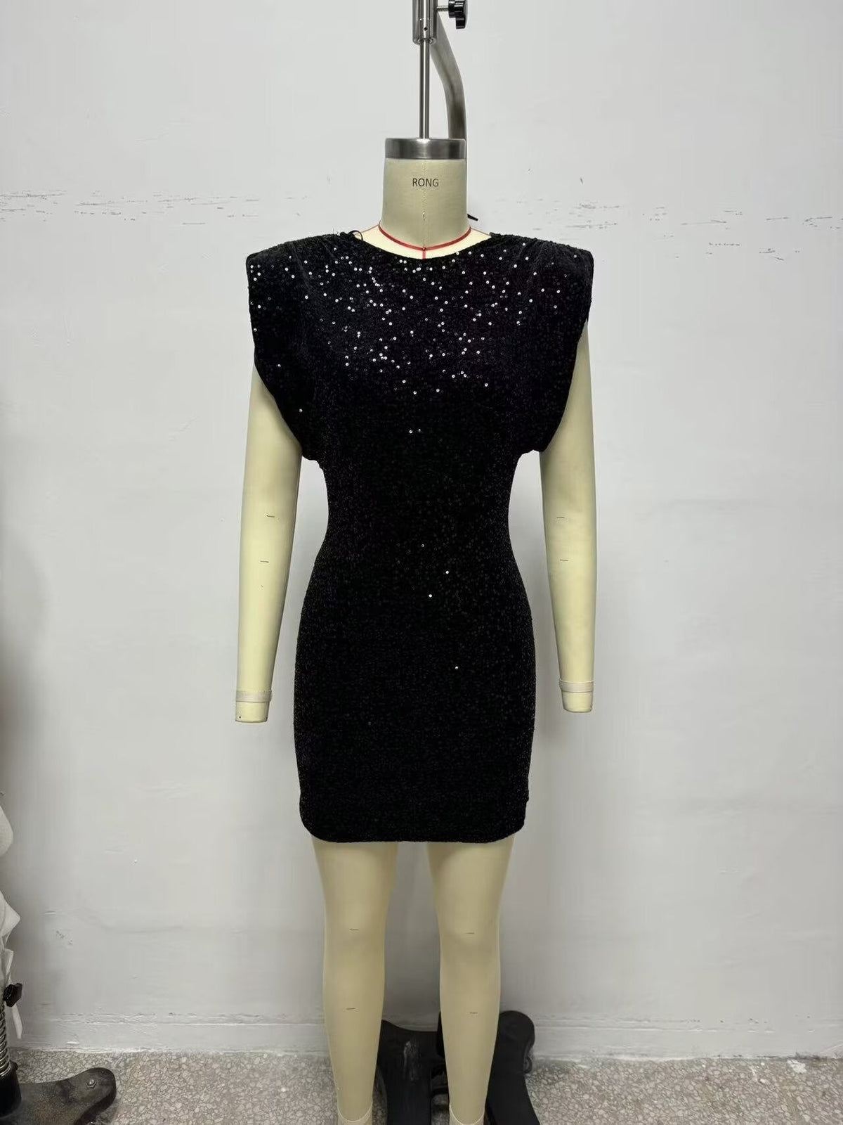 Women Clothing round Neck Solid Color Sequ Decorative Velvet Dress