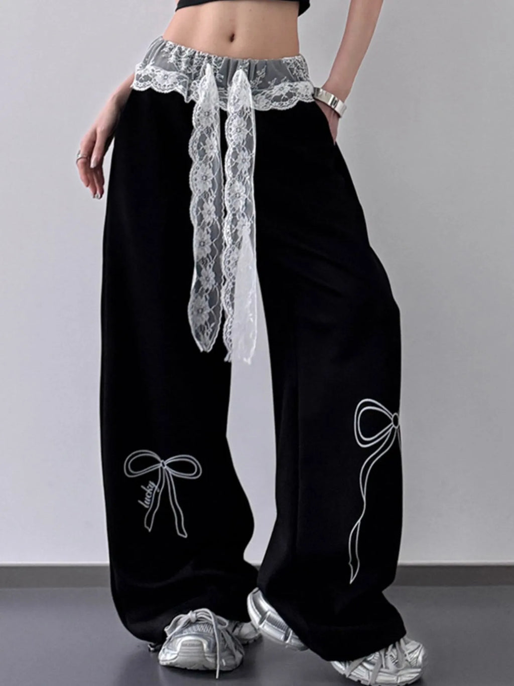 Wide Leg Pants with Lace Belt Detail