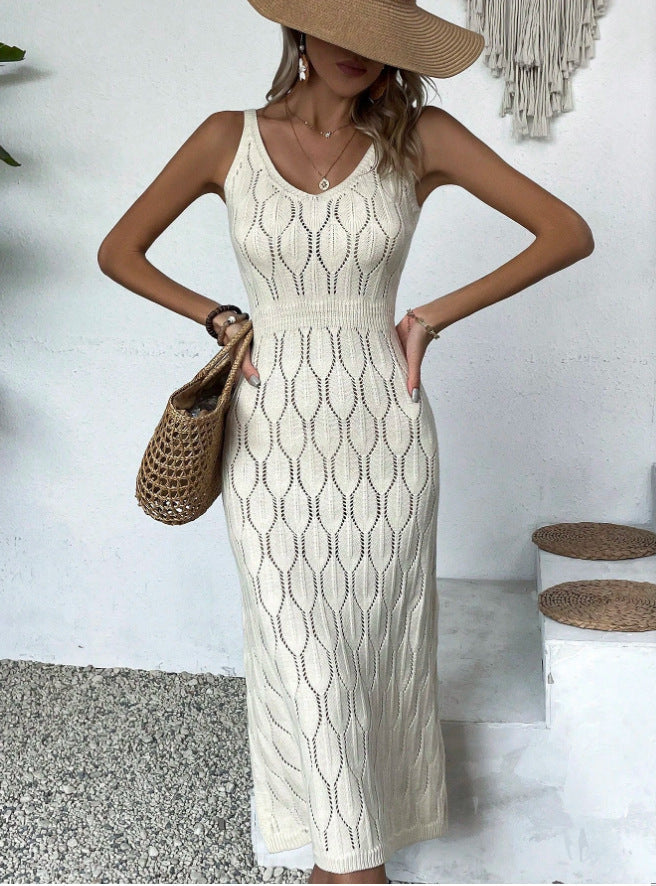 Spring Summer Sexy Hollow Out Cutout out See through Vacation Solid Color Backless Knitted Dress for Women