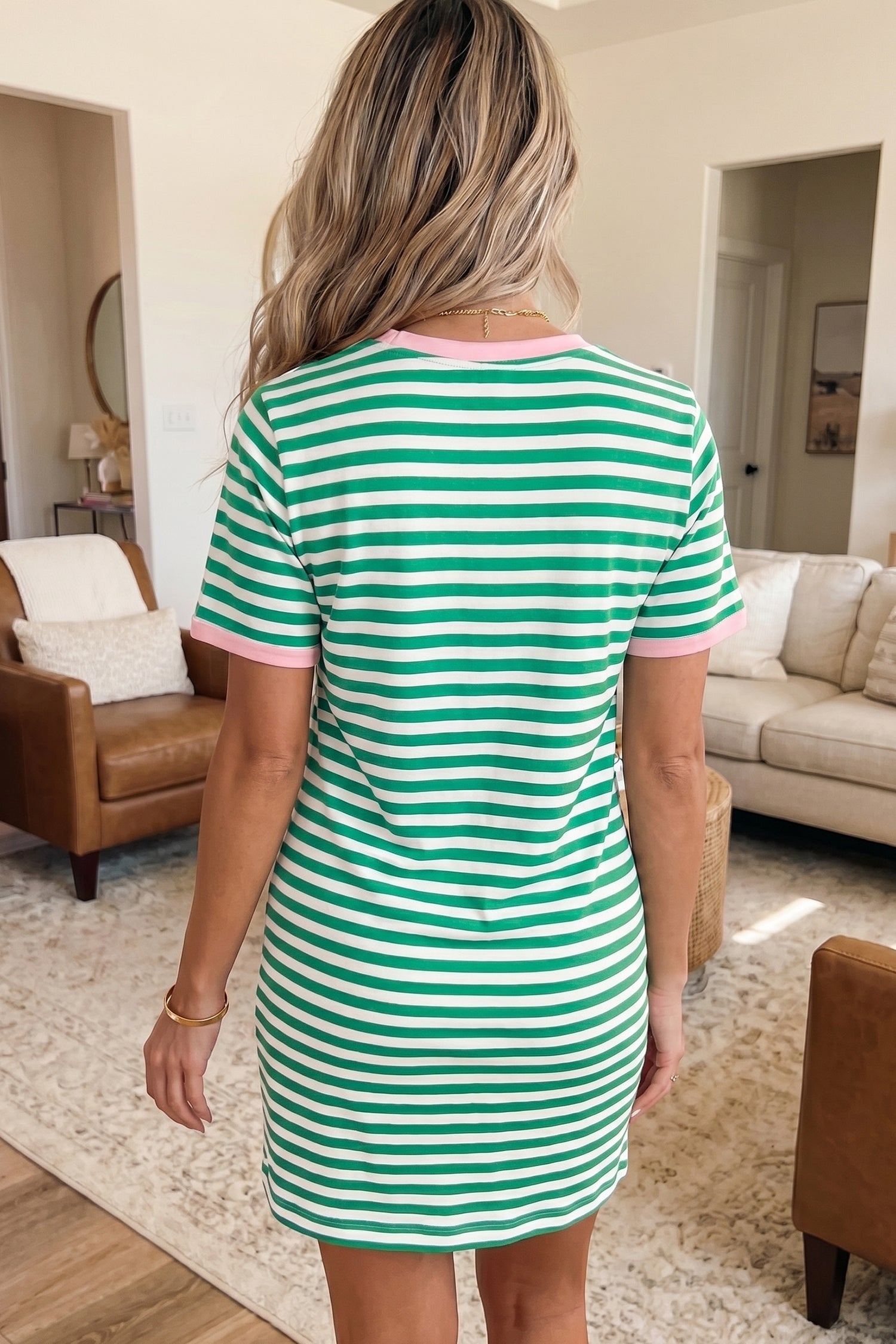 Green Stripe Nautical Tie Contrast Trim Round Neck T Shirt Mini Dress