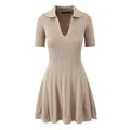 Spring Women Clothes Polo Collar Design Slim Fit Slimming Waist Trimming Knitted Short Sleeve Deep V Plunge neck Dress