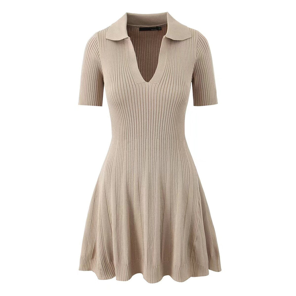 Spring Women Clothes Polo Collar Design Slim Fit Slimming Waist Trimming Knitted Short Sleeve Deep V Plunge neck Dress