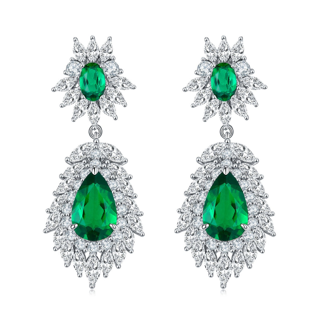 S925 Silver 8.8g 4.12ct Lab-Created Emerald Drop Earrings, 11x7mm & 6x4mm, Pair