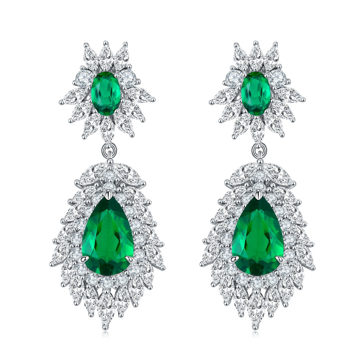 S925 Silver 8.8g 4.12ct Lab-Created Emerald Drop Earrings, 11x7mm & 6x4mm, Pair