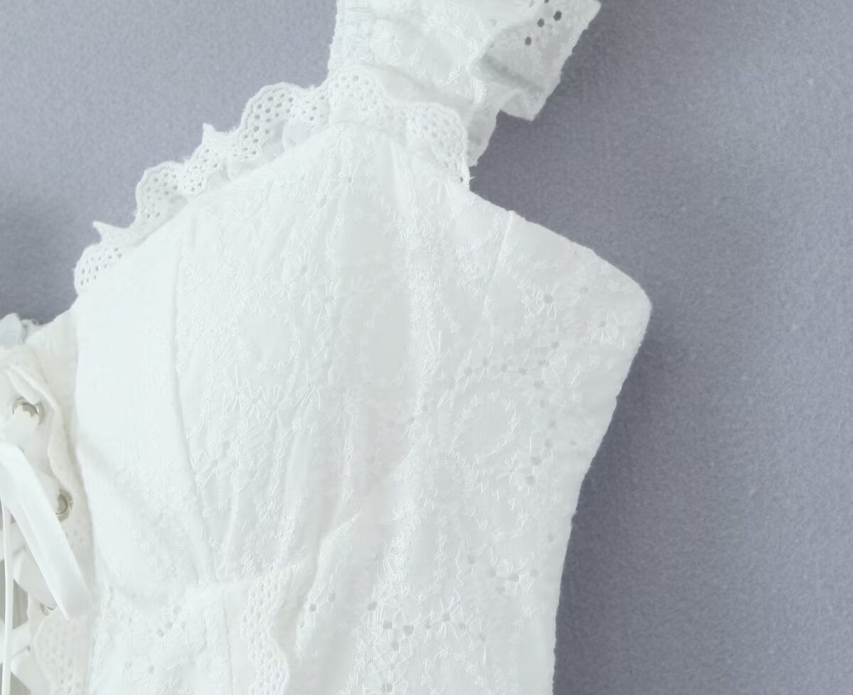 Sweet Sexy Lace Embroidered Suspender Puffy Chest Tied Slim Fit Mini Dress