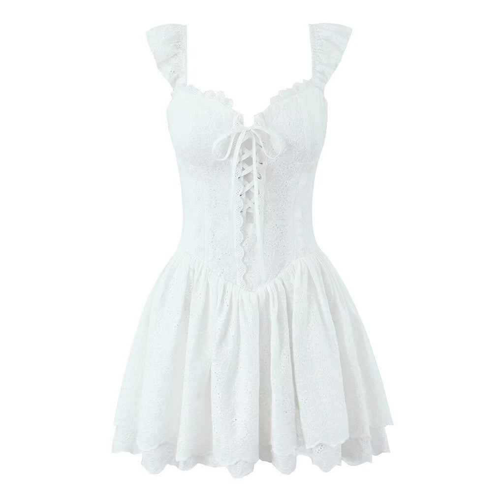 Sweet Sexy Lace Embroidered Suspender Puffy Chest Tied Slim Fit Mini Dress