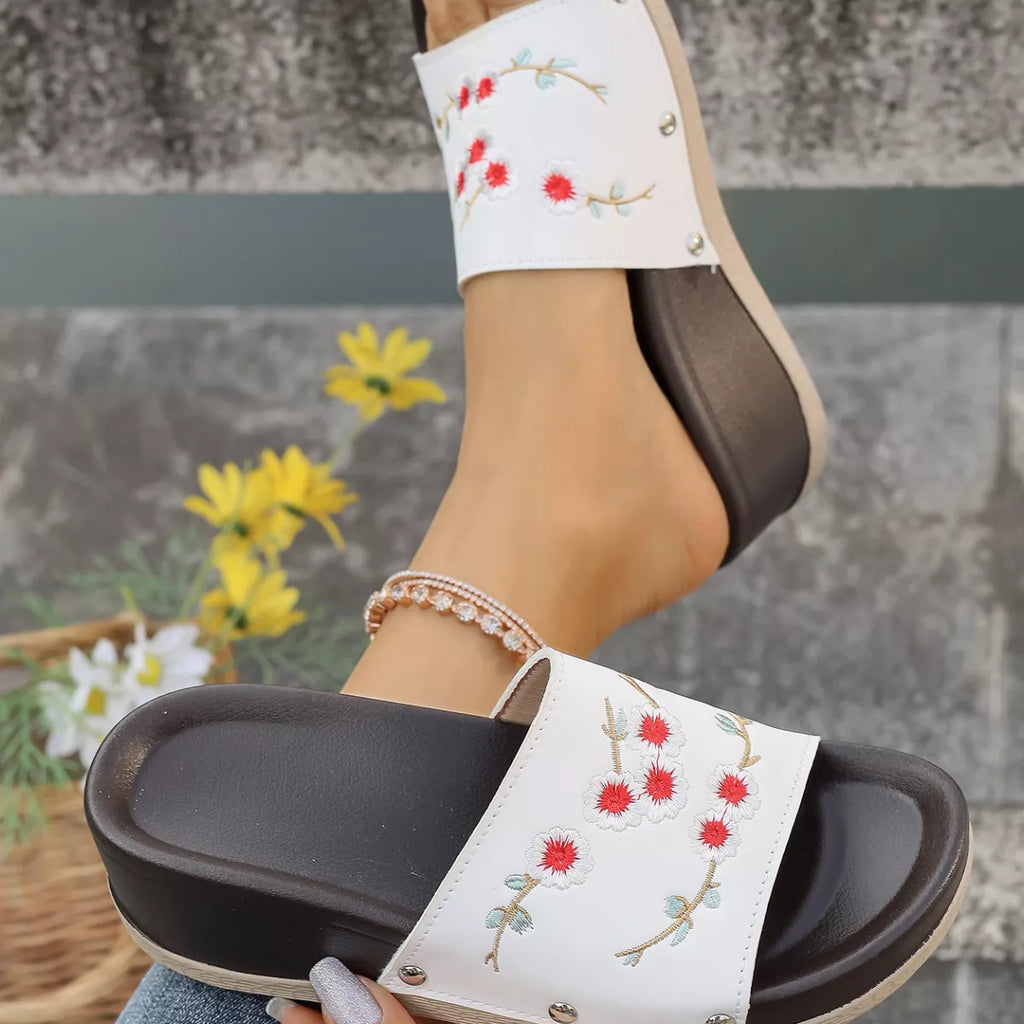 Floral Embroidered Wedge Sandals