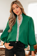 Evergreen Puffy Flounce Sleeve Leopard Trim V Neck Blouse